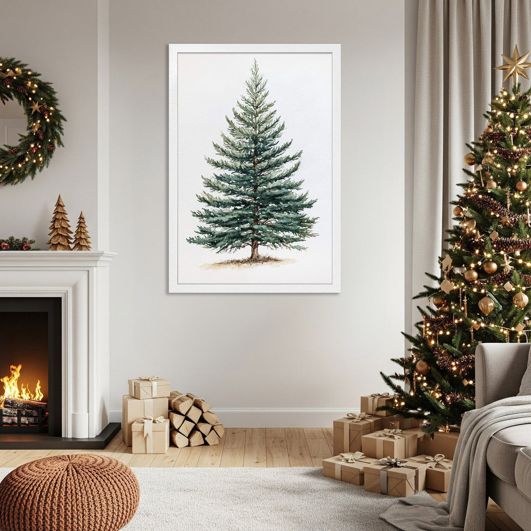 Framed Poster of a watercolor evergreen tree. Serene, nature-inspired art in green & neutral tones. Perfect for holiday decor.