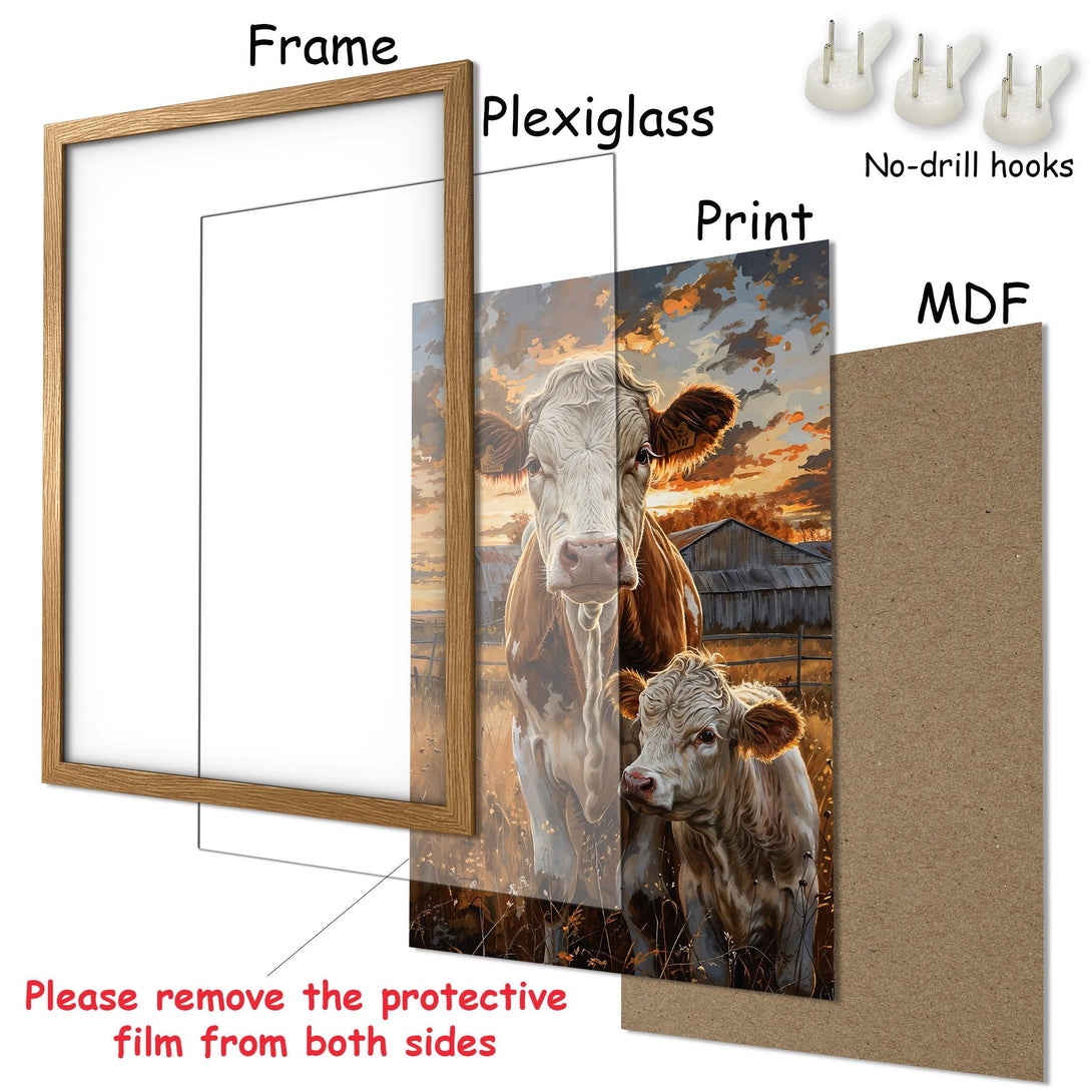 Framed Poster featuring a cow painting in warm tones. Rustic style art print for home decor.