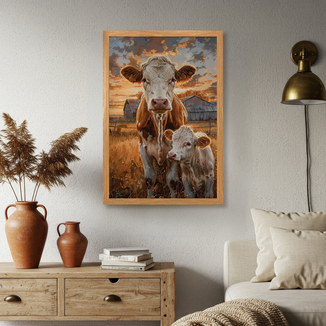 Framed Poster featuring a cow and calf in a rustic style, warm sunset color palette. Perfect for farmhouse decor!