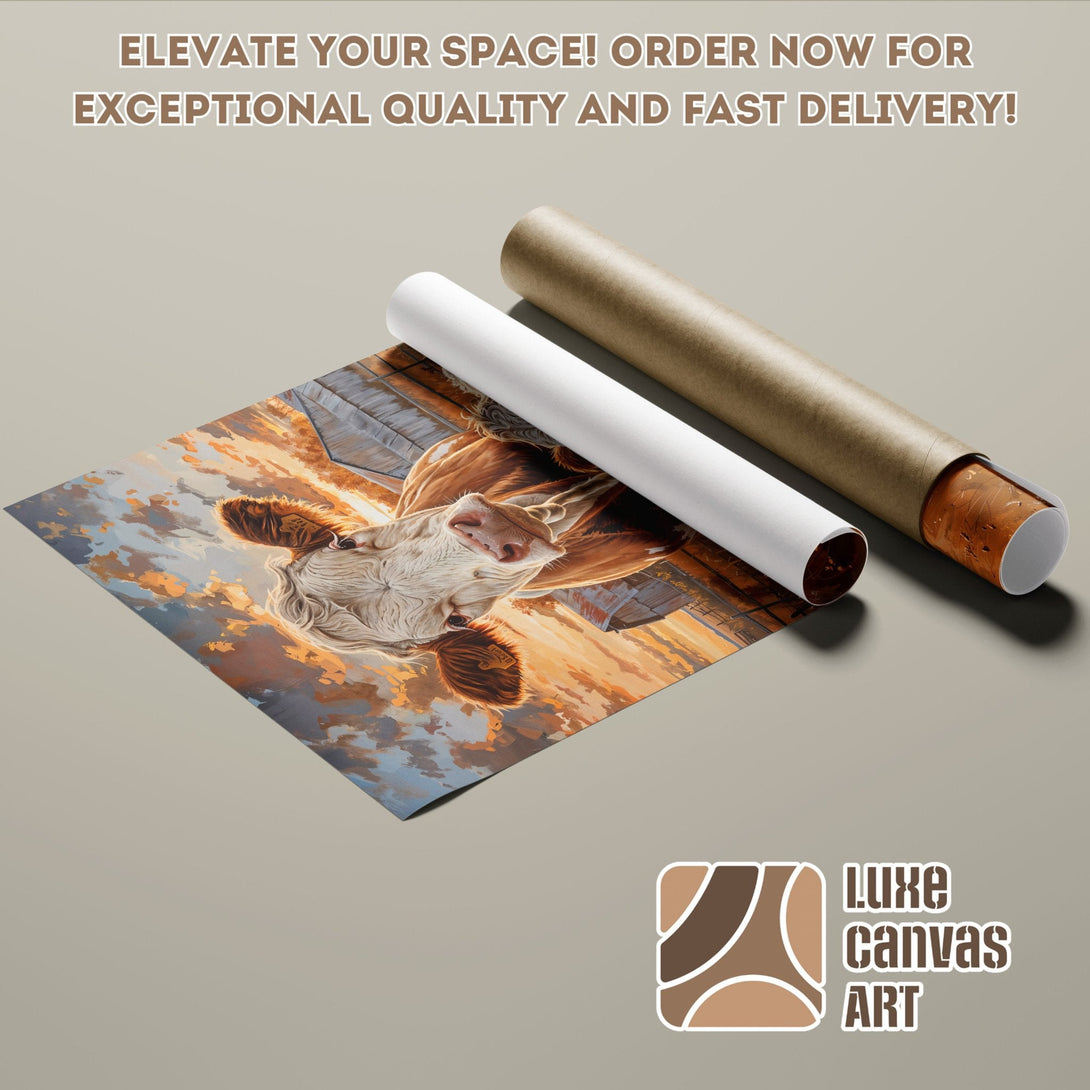 Poster Roll featuring a cow painting, warm sunset colors, and artistic style. Elevate your space!