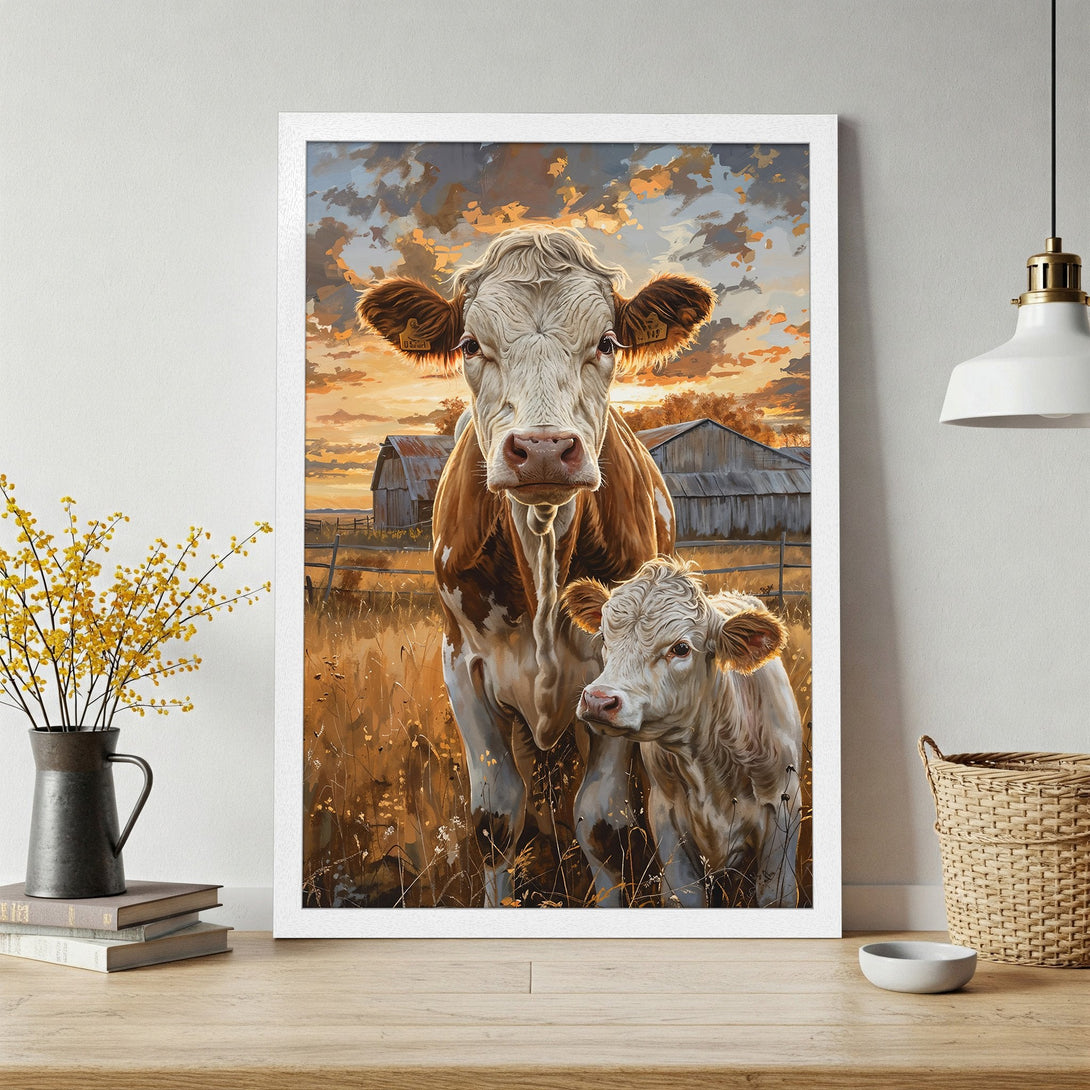 Framed Poster of cows in a field, warm sunset colors. Rustic art print for farmhouse decor.