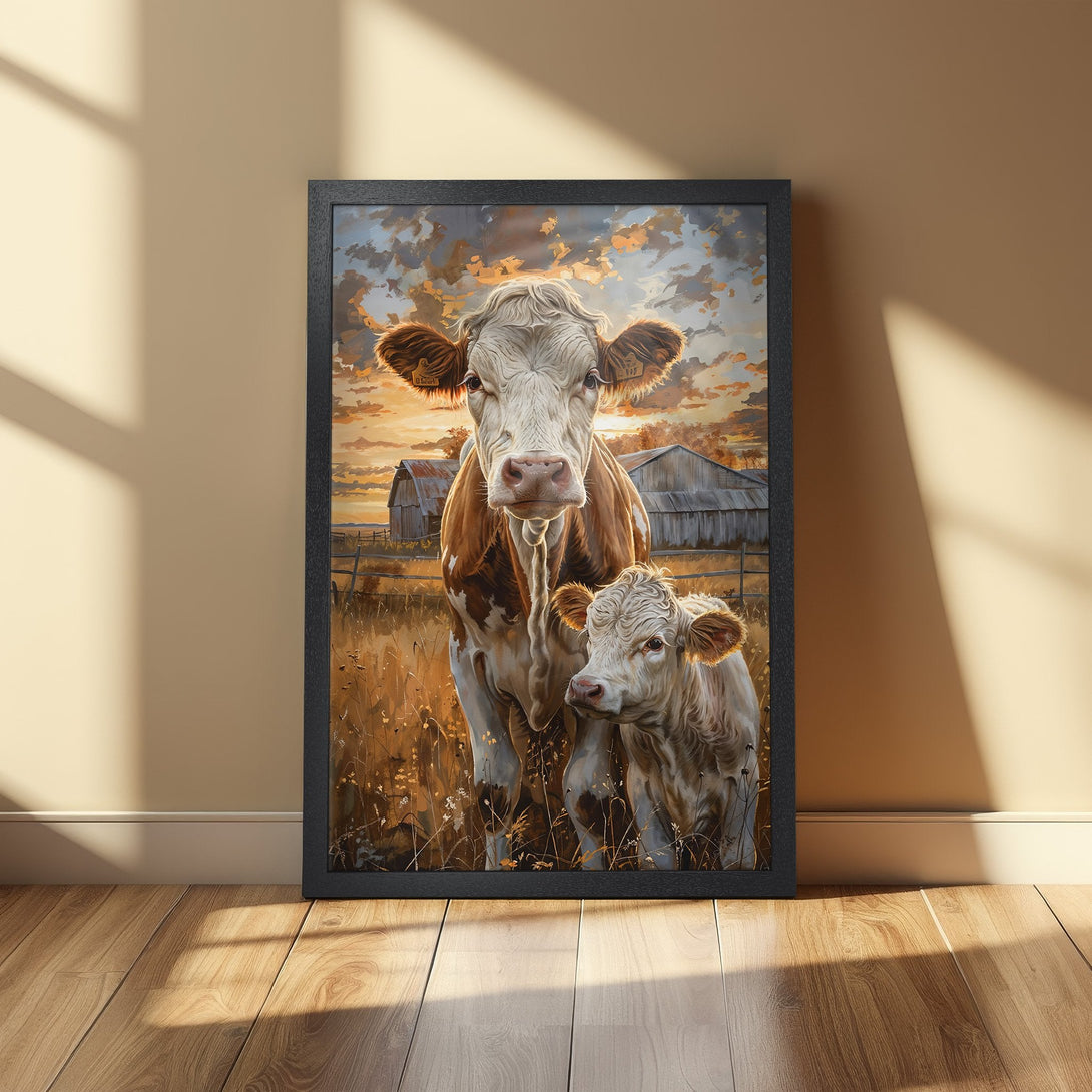 Framed Poster featuring two cows in a field, painted in a warm, rustic style with a sunset color palette. Perfect farmhouse decor!