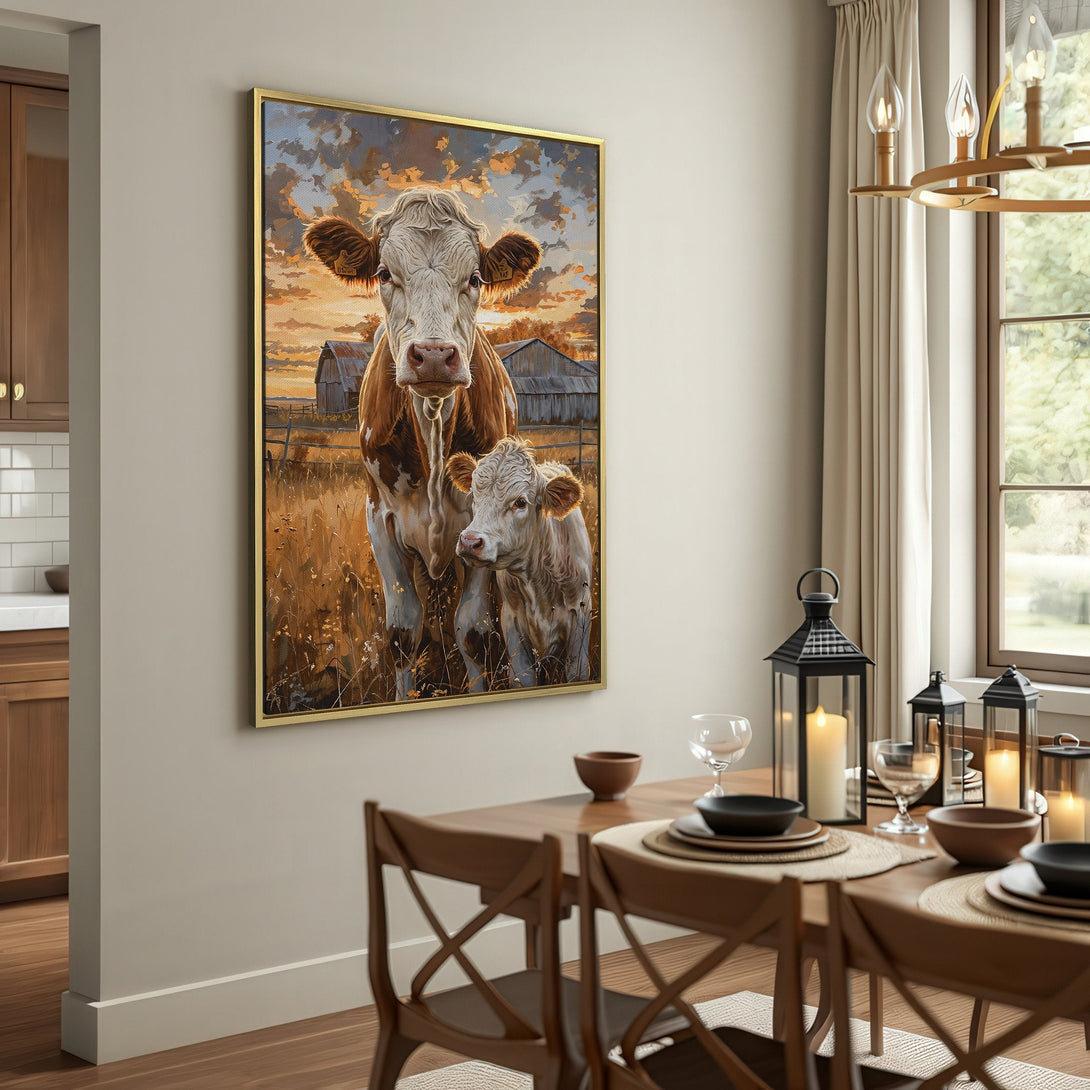 Canvas Print featuring a serene cow portrait in a warm, rustic style. Earthy tones and sunset hues create a cozy, farmhouse aesthetic.