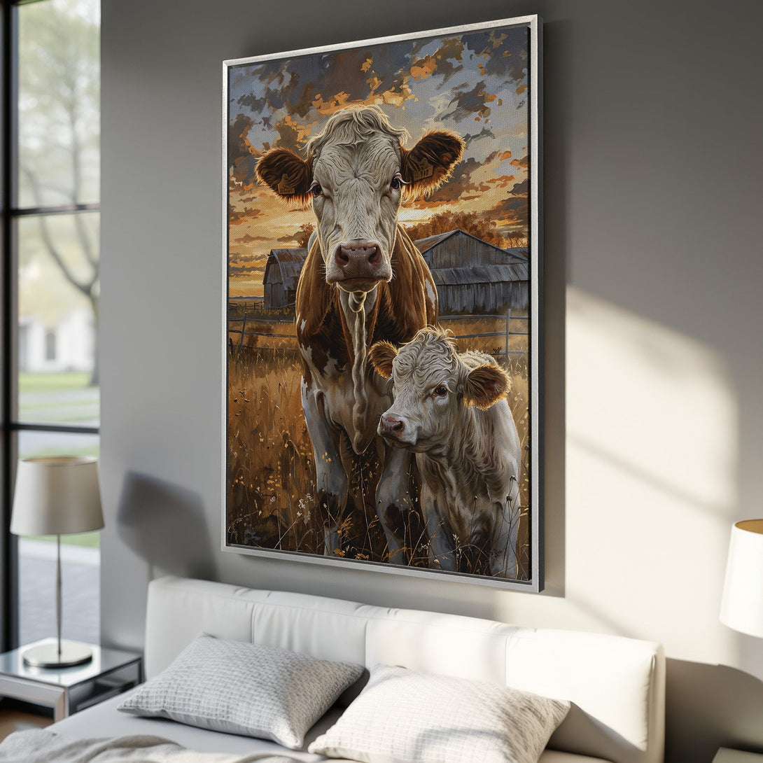 Framed Wall Art: Rustic cow painting with warm sunset hues. Farmhouse style canvas print adds a touch of country charm to any room.