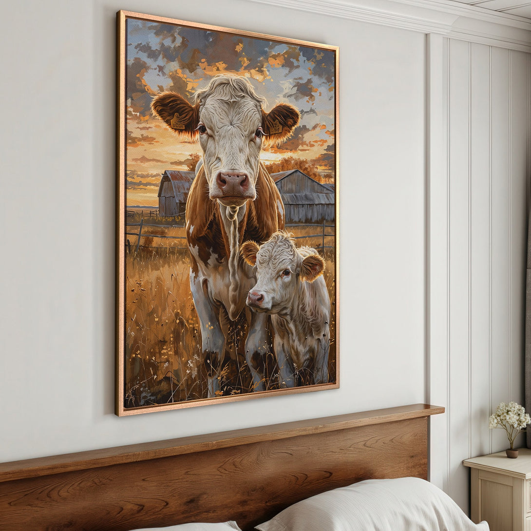 Framed Wall Art: Rustic cow painting with warm sunset colors. Farmhouse style canvas print adds cozy charm to any room. Shop now!