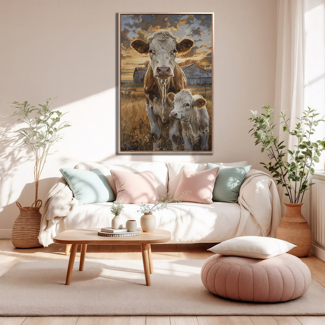Framed Wall Art featuring a cow painting in a warm, rustic style. Earthy tones and soft colors create a cozy, inviting atmosphere. Perfect for farmhouse decor.