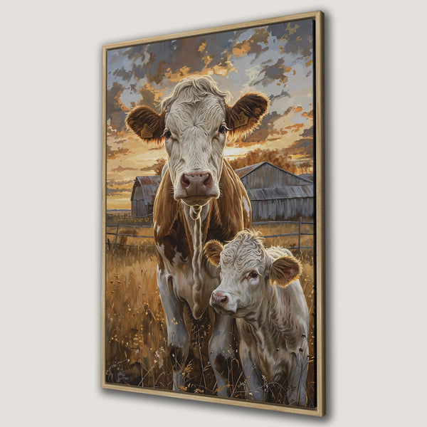 Framed Wall Art featuring a charming cow portrait in a warm, rustic color palette. Farmhouse style canvas print perfect for adding a touch of country to your home decor.