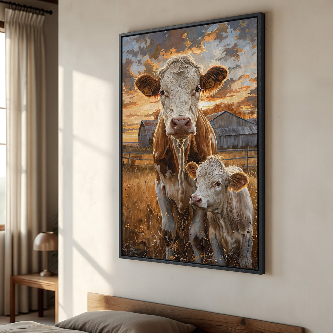 Framed Wall Art: Stunning cow portrait in warm sunset hues. Rustic farmhouse style canvas print adds cozy charm to any space. Shop now!