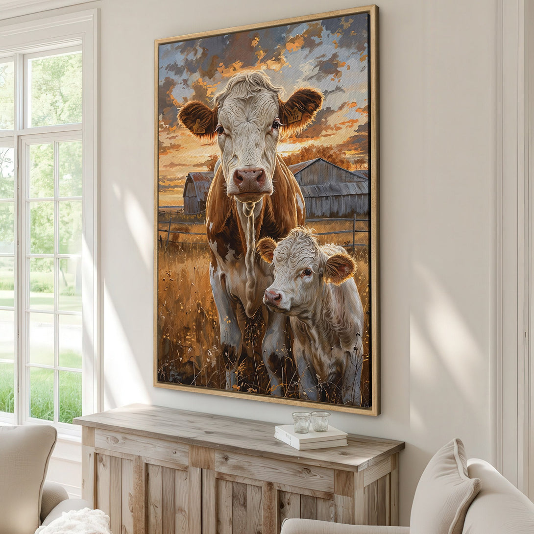 Framed Wall Art featuring a cow and calf in a rustic style, warm sunset color palette. Bring the charm of the countryside to your home!