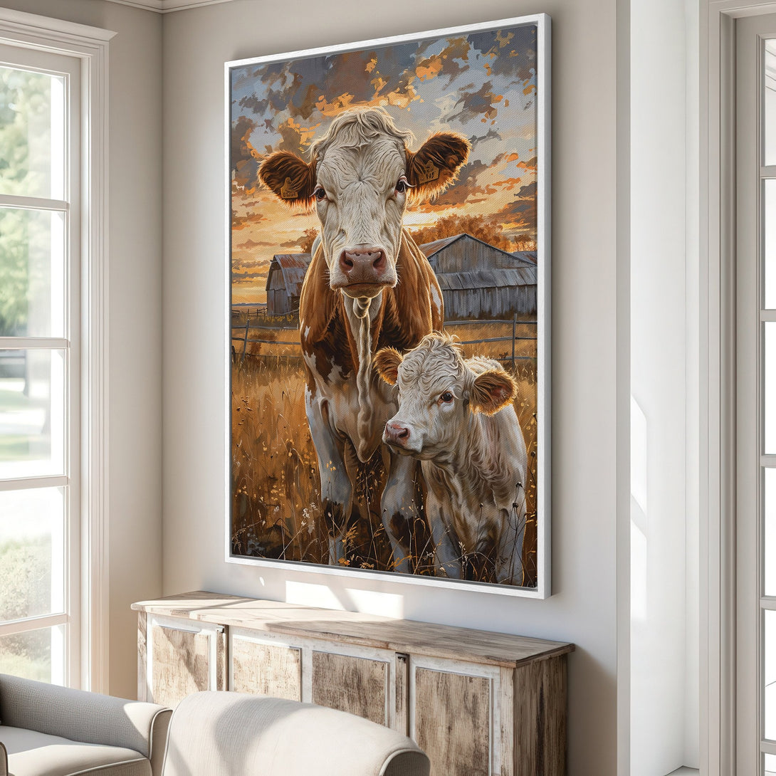 Framed Wall Art: Rustic cow painting in warm sunset tones. Farmhouse style canvas print adds cozy charm to any home.