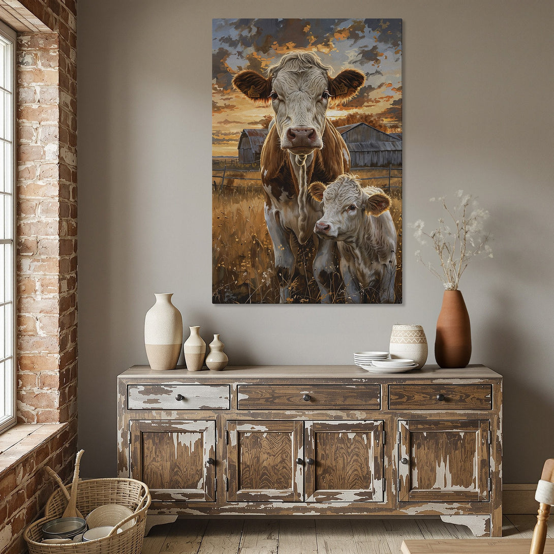 Framed Wall Art featuring a cow and calf, warm sunset tones. Rustic style canvas print adds cozy charm to any dining room.