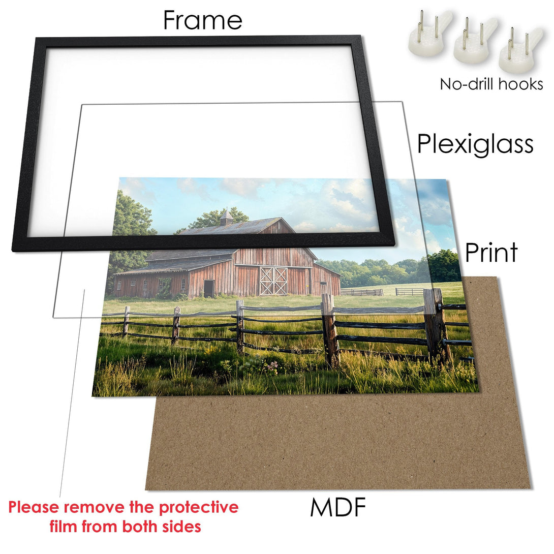 Framed Poster of a rustic barn scene in a black frame. Warm, natural tones and a serene landscape. Perfect wall art.