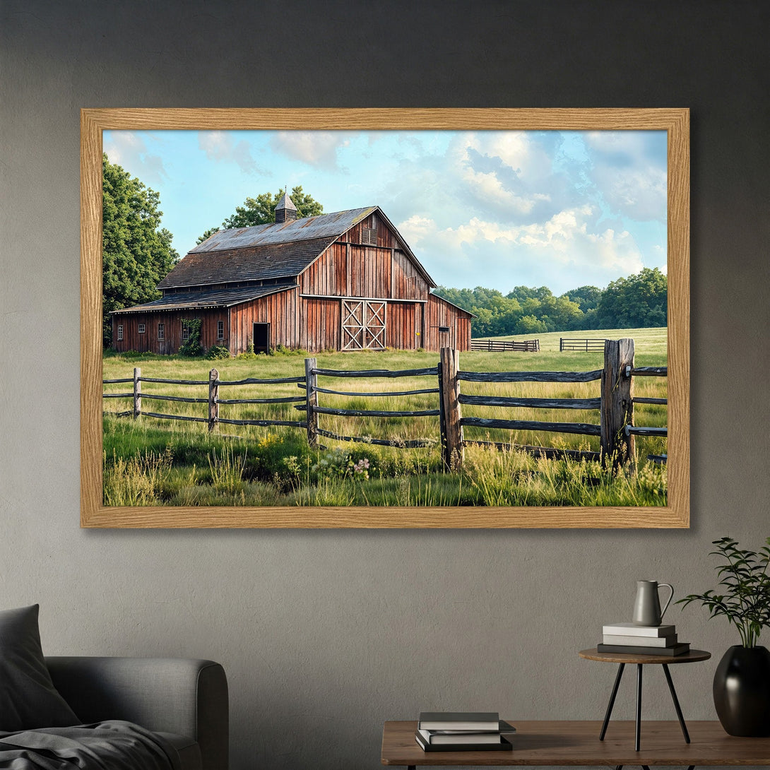 Framed Poster of a rustic barn scene. Warm, inviting colors of red, green, and blue create a cozy, farmhouse style. Perfect wall art!