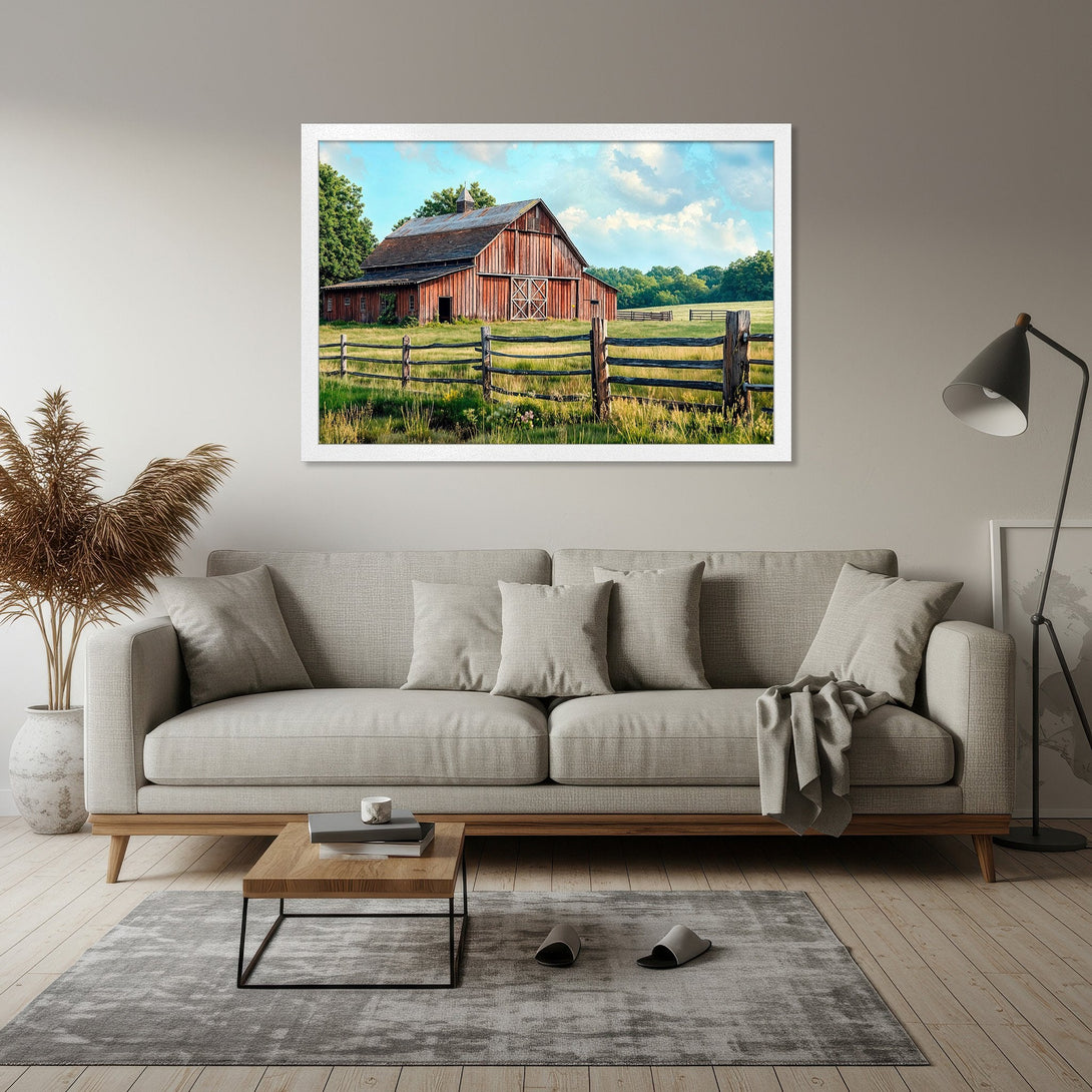 Framed Poster featuring a rustic barn scene. Warm, inviting colors create a cozy, farmhouse style. Perfect wall art for any home!