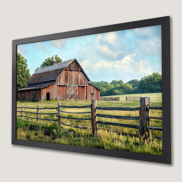 Framed Poster of a rustic barn scene. Warm, inviting color palette with a focus on nature and landscape art. Perfect farmhouse decor.