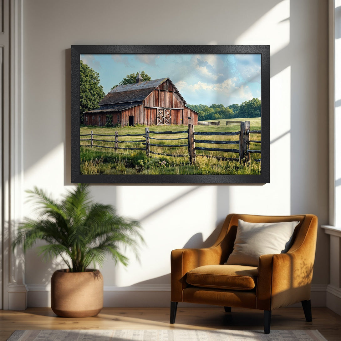 Framed Poster featuring a rustic barn scene. Warm, inviting color palette with natural light. Perfect farmhouse decor!