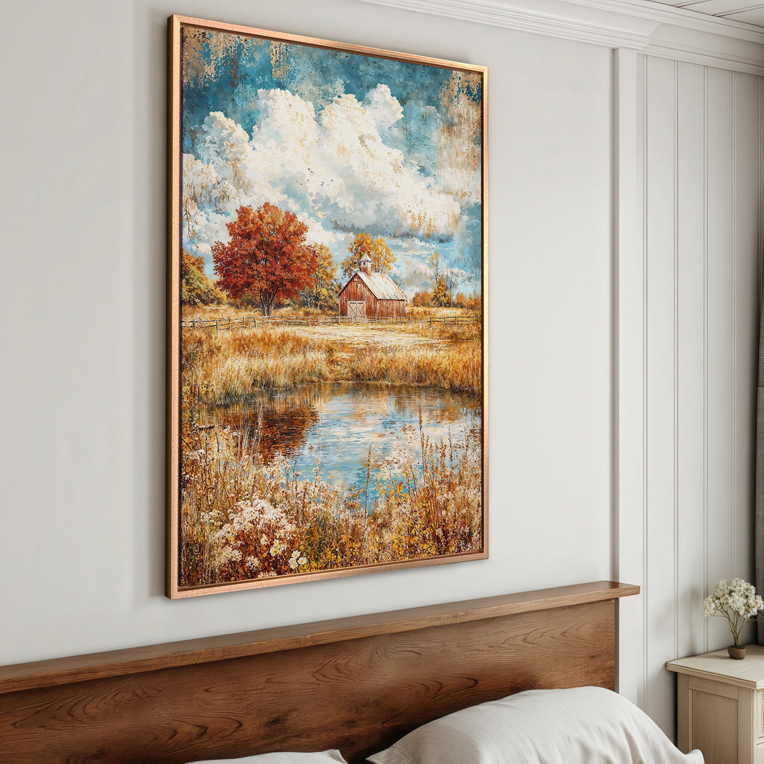 Framed Wall Art: Rustic landscape Canvas Print with barn, pond, and fall foliage. Warm earth tones and blue sky create a cozy, inviting atmosphere.