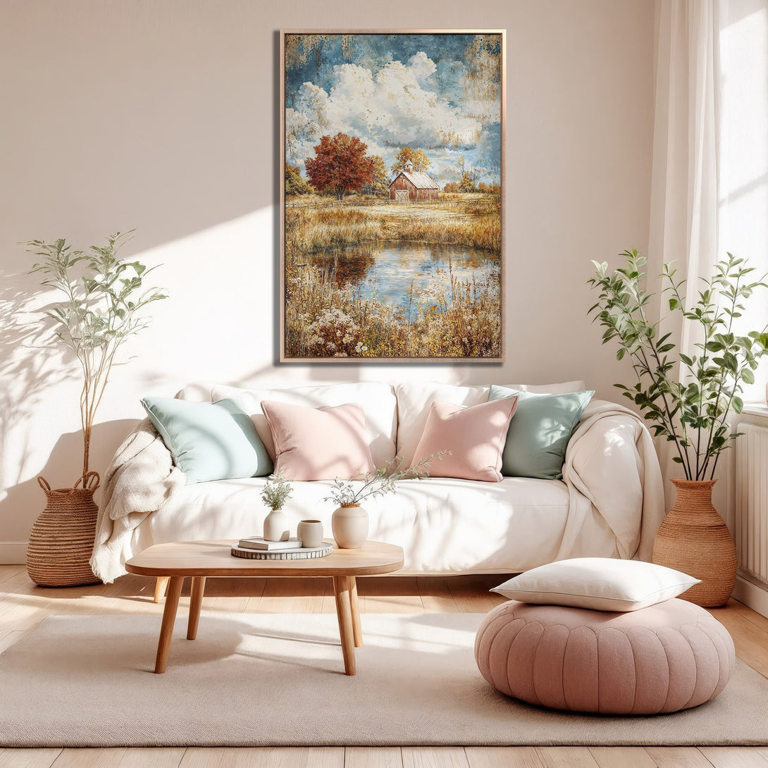 Framed Wall Art: Rustic landscape Canvas Print with barn, warm earth tones, and blue sky, perfect for adding a cozy touch to any room.