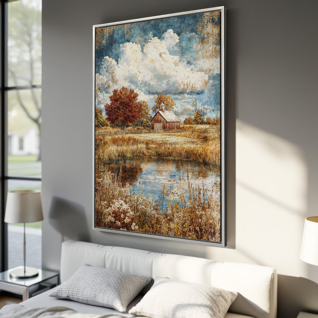 Framed Wall Art: Rustic landscape Canvas Print with barn, pond, and fall foliage. Warm, inviting color palette perfect for any home decor.