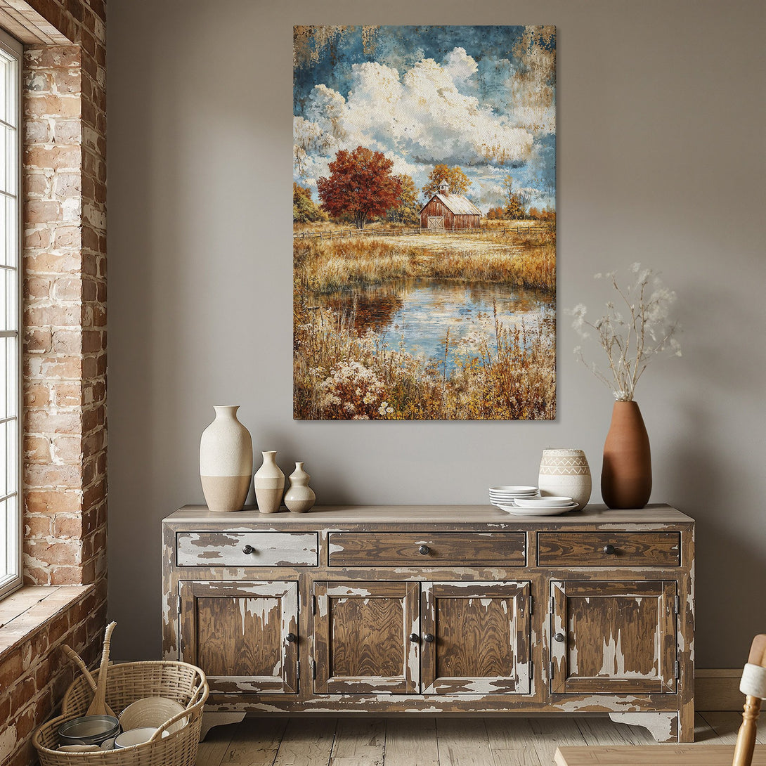 Framed Wall Art: Rustic landscape Canvas Print with barn, pond, and fall colors. Perfect for adding warmth and charm to your dining room decor.