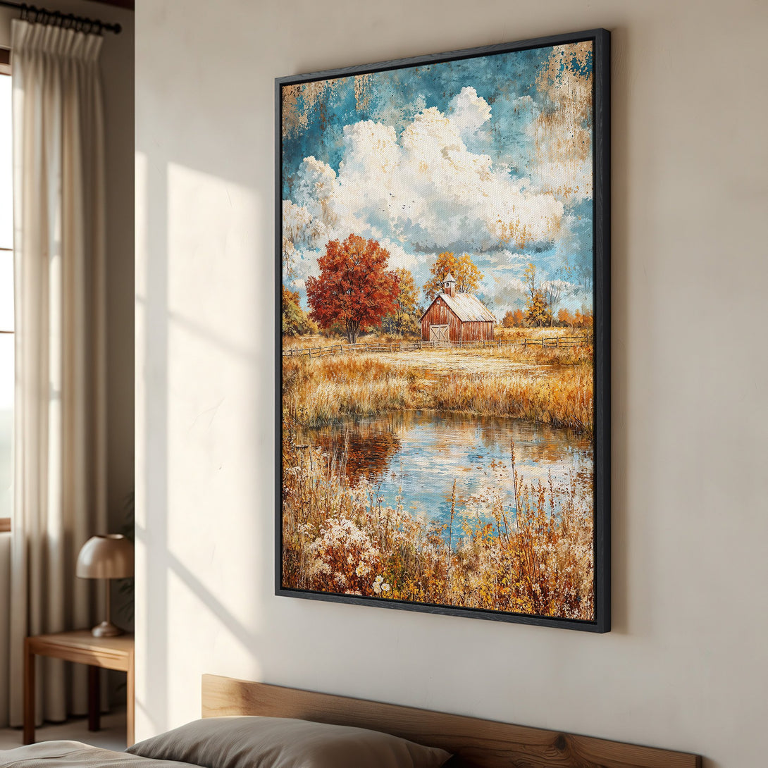 Framed Wall Art: Rustic landscape Canvas Print with a barn, pond, and autumn colors. Perfect for adding warmth and charm to your home decor.