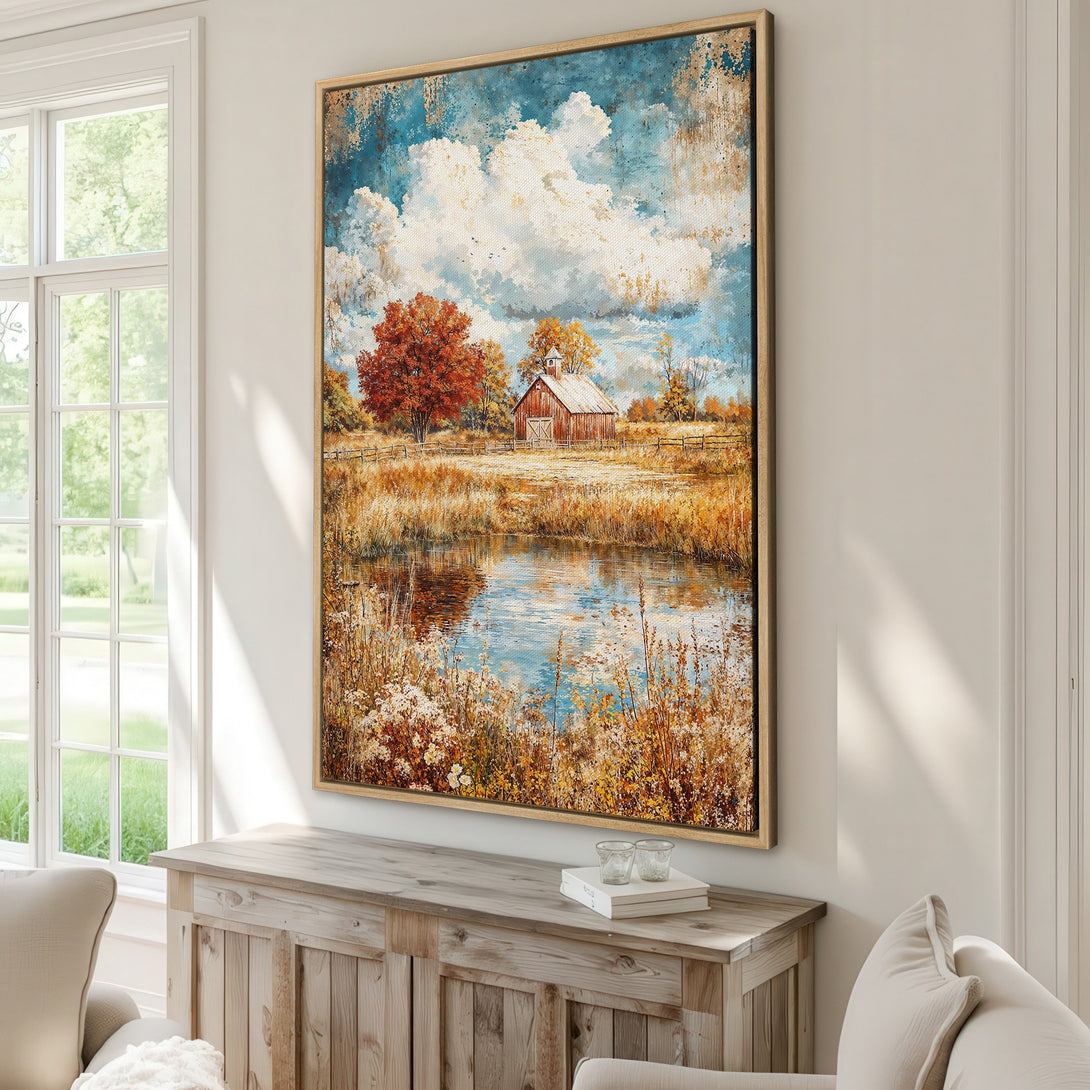 Framed Wall Art: Rustic barn landscape Canvas Print with warm autumn colors. Perfect for adding a touch of cozy charm to your home decor.