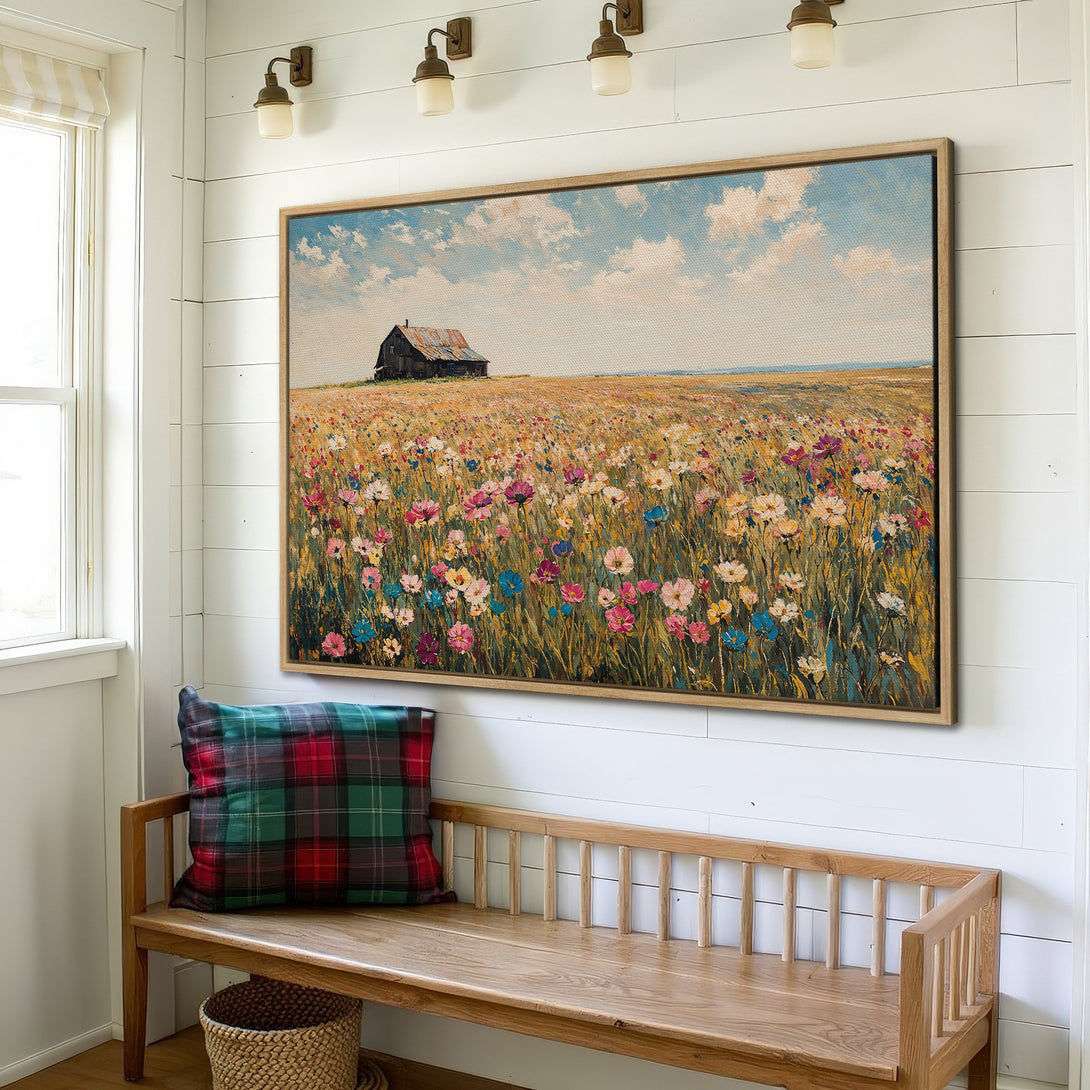 Framed Wall Art: Rustic landscape Canvas Print with a colorful wildflower field and barn, warm color palette. Perfect for farmhouse decor.