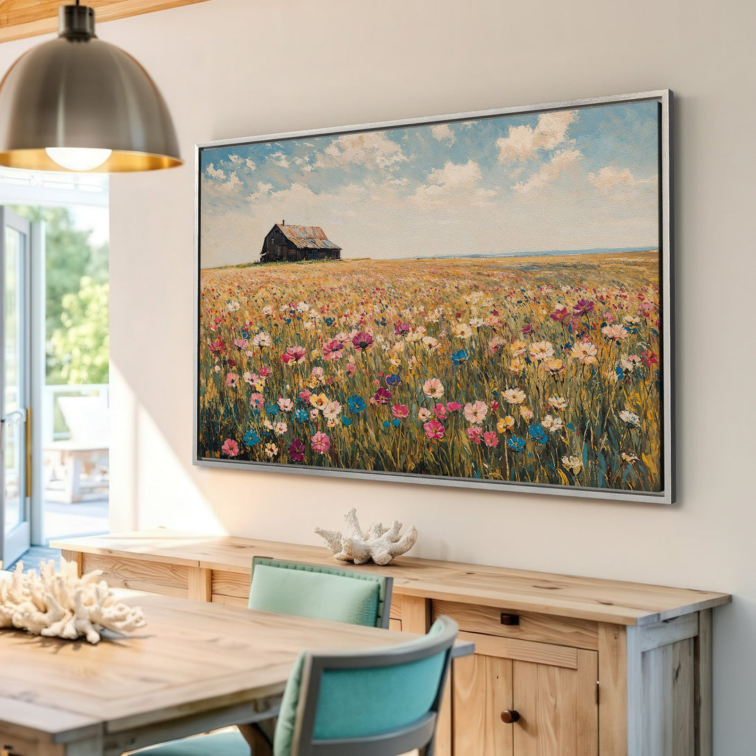 Framed Wall Art: Impressionist painting of a barn in a wildflower field. Warm, bright color palette. Perfect for adding a touch of nature to your home.