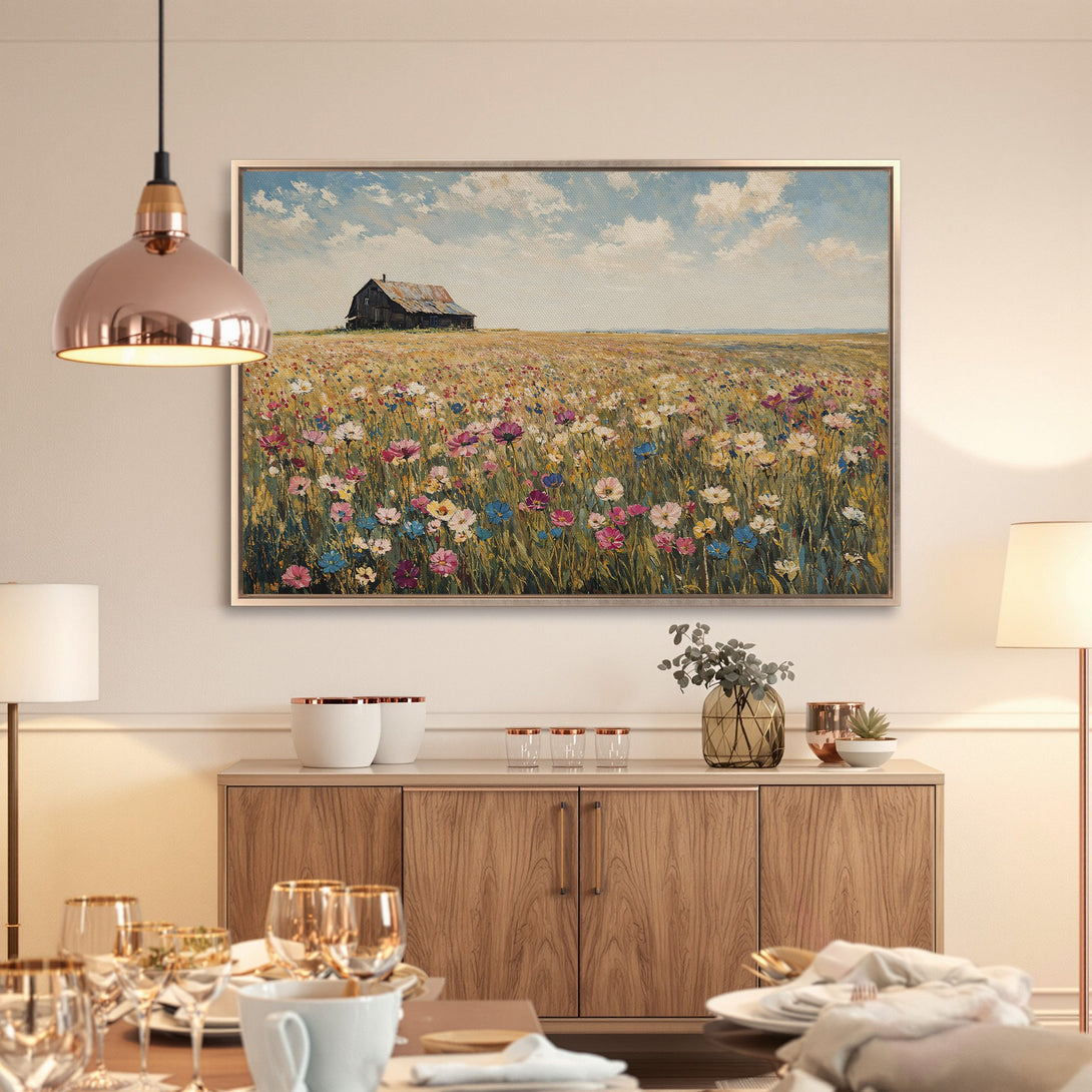 Framed Wall Art: Rustic landscape Canvas Print with a colorful wildflower field and barn, perfect for adding a touch of nature to your home decor.