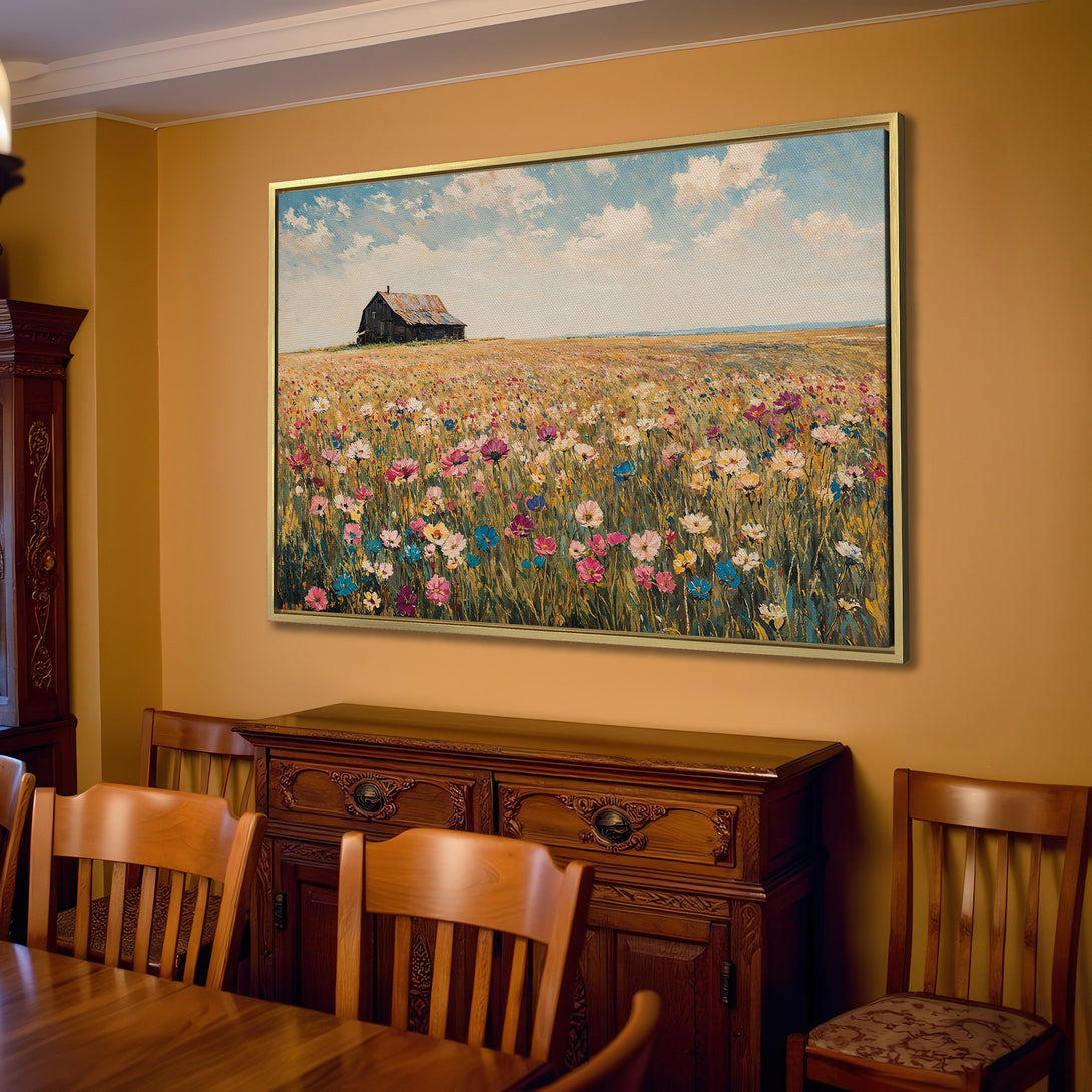 Canvas Print of a barn in a field of wildflowers. Rustic style with warm, inviting colors. Perfect for living room decor.