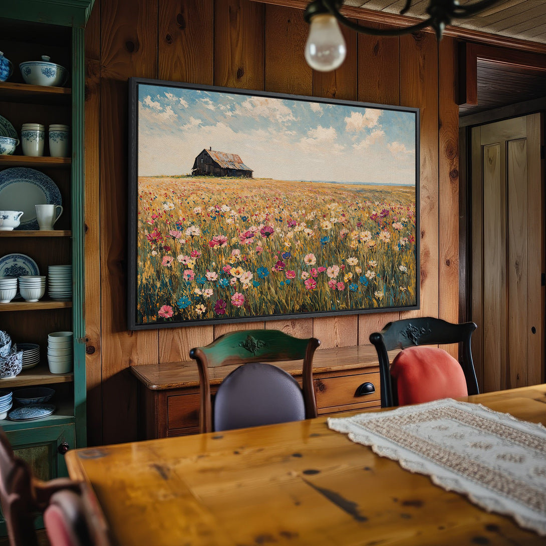 Framed Wall Art: Rustic barn landscape Canvas Print with vibrant wildflowers. Earthy tones and blue sky create a warm, inviting aesthetic for any home.