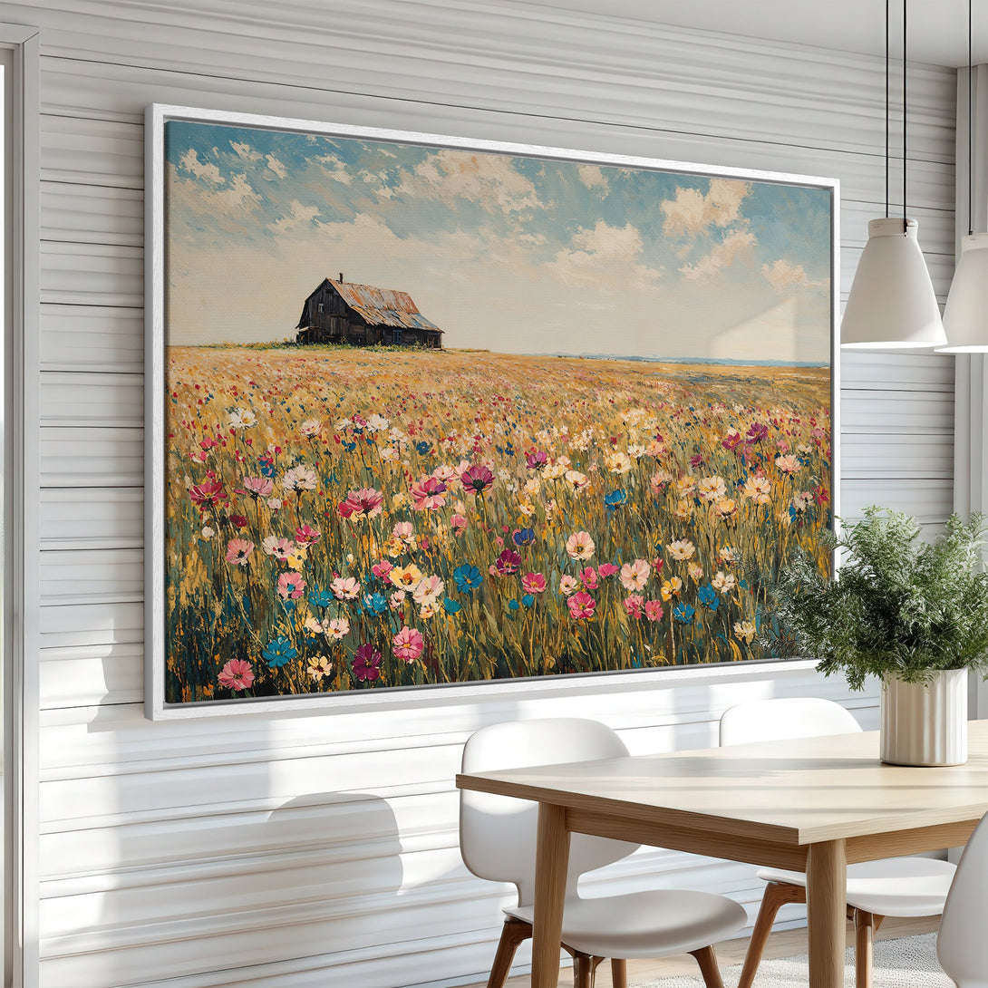 Framed Wall Art: Impressionist landscape Canvas Print featuring a barn in a field of colorful wildflowers. Warm, inviting color palette for your home decor.