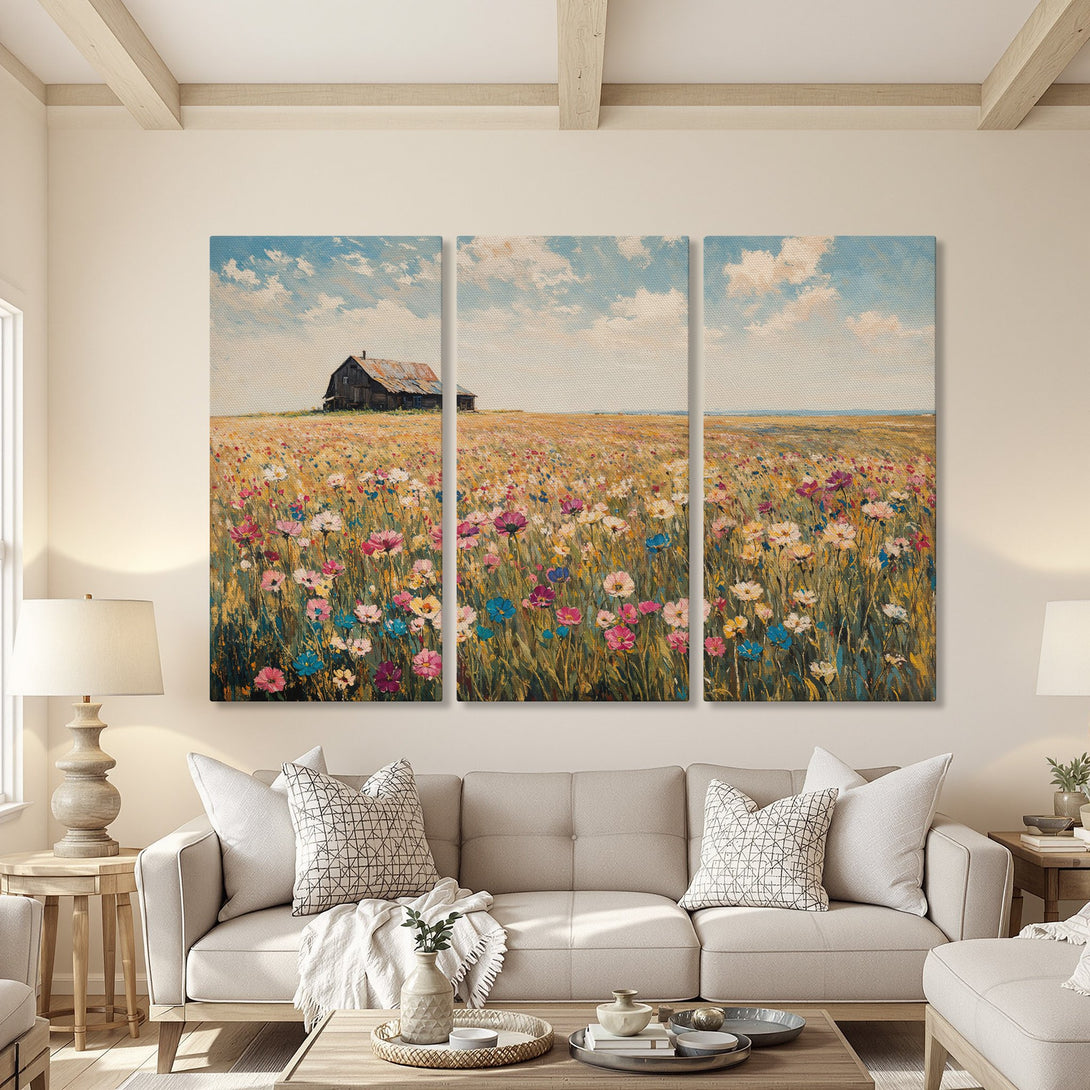 Canvas Print of a vibrant wildflower field painting, perfect for adding a touch of nature to your home decor. Features a barn, blue sky, and a colorful palette.