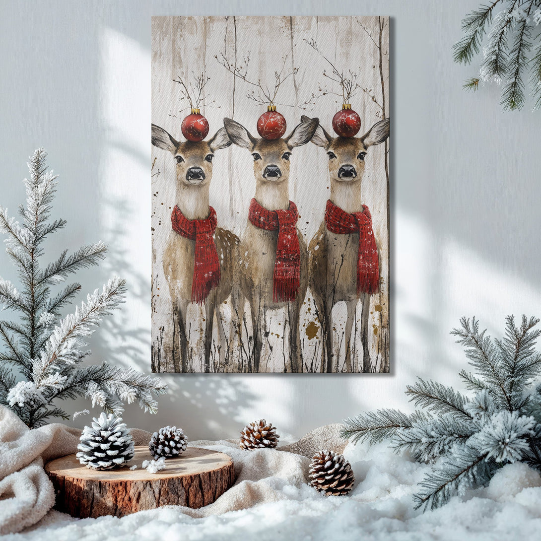 Framed Wall Art: Festive deer in red scarves with Christmas ornaments, rustic style, warm color palette. Perfect holiday decor!