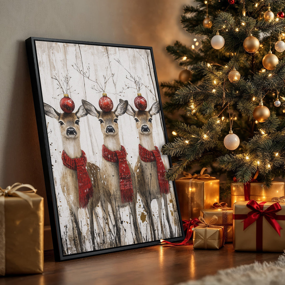 Framed Wall Art: Festive deer with red scarves and ornaments. Rustic style, warm neutral palette, perfect for holiday decor. Shop now!
