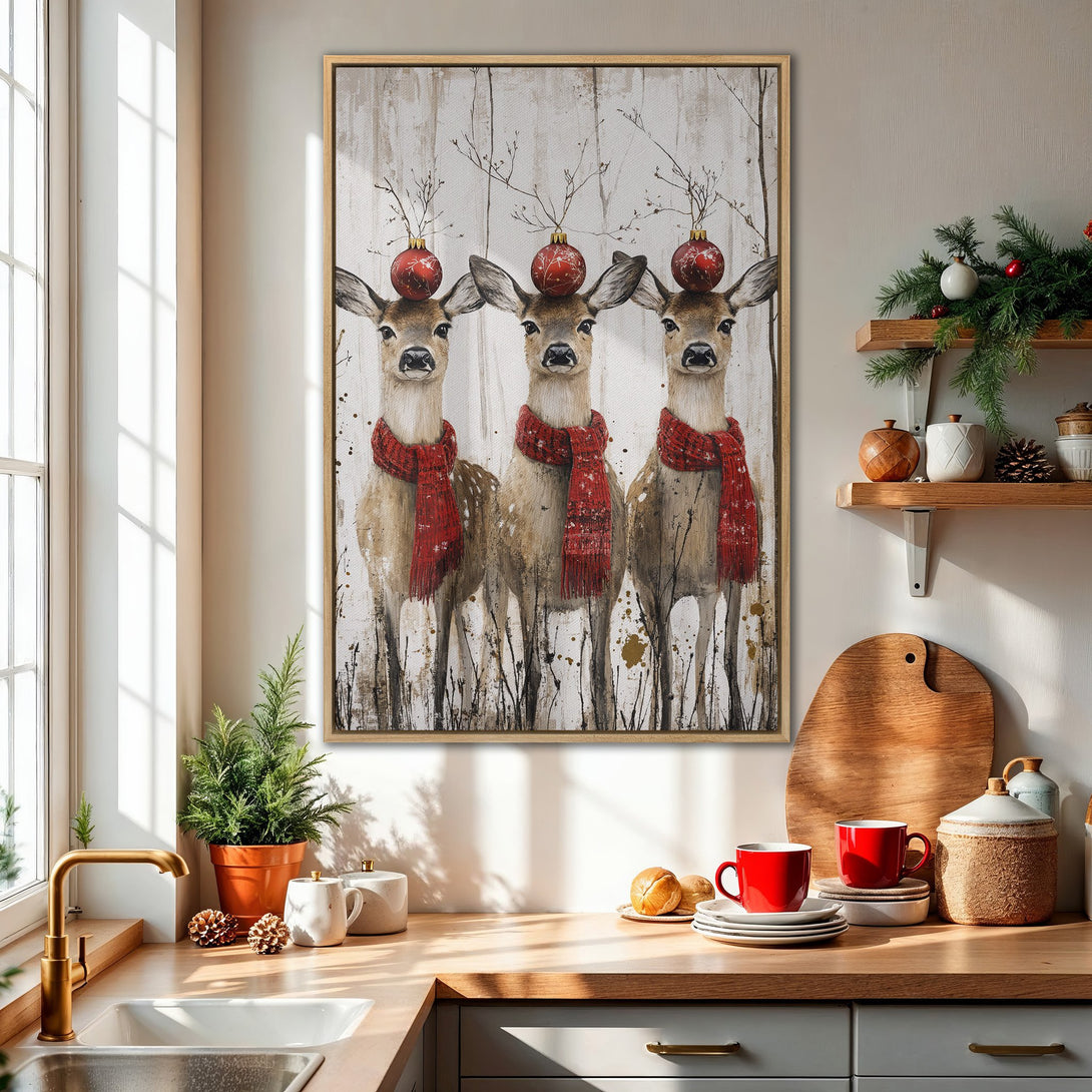 Framed Wall Art: Festive deer painting with red scarves and ornaments. Rustic style, warm neutral palette, perfect for cozy holiday decor. Shop now!