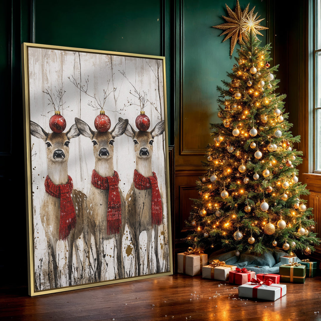 Canvas Print of whimsical deer with red scarves and ornaments, neutral palette, perfect for holiday decor.