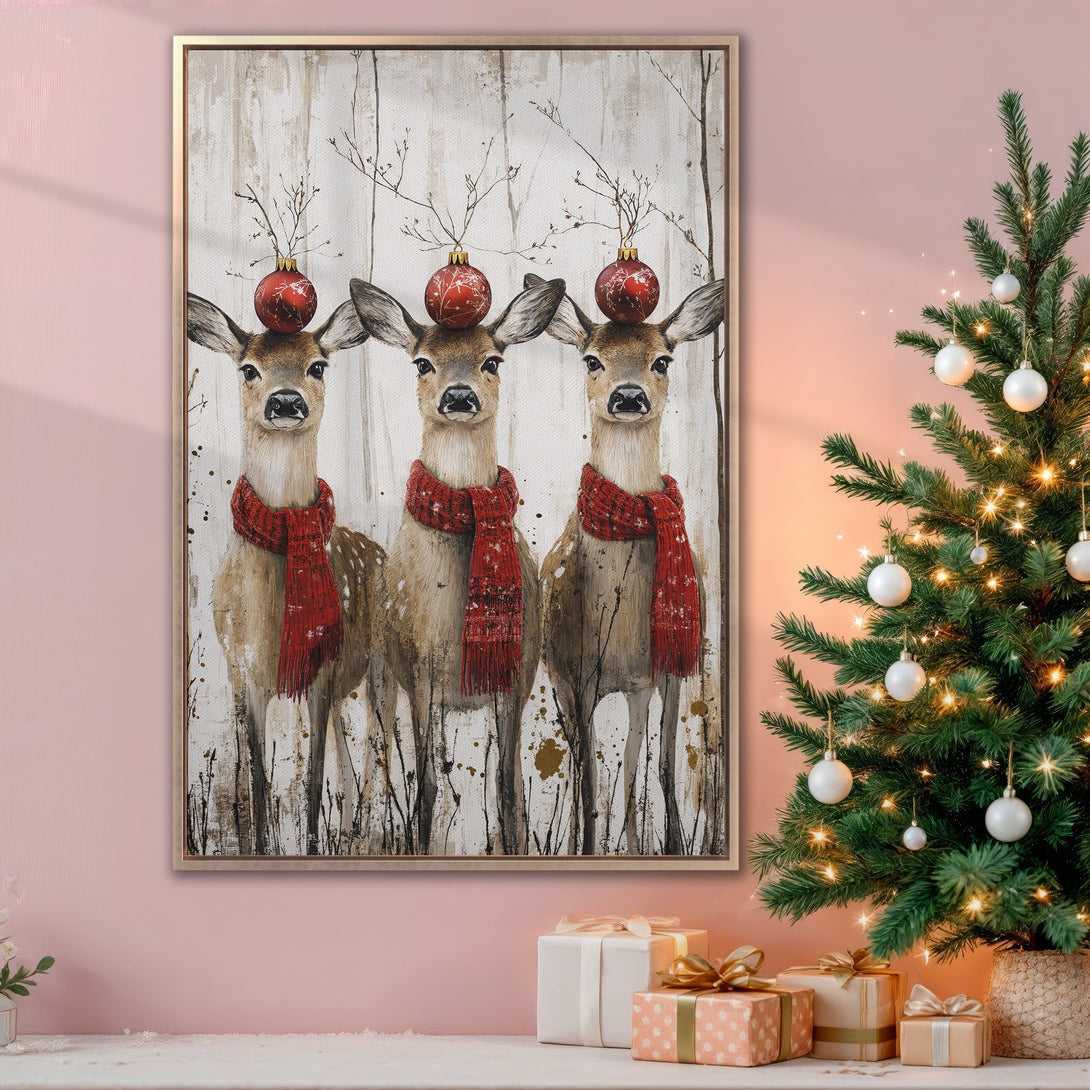 Framed Wall Art: Whimsical deer with red scarves & ornaments. Rustic style, warm brown, red & white palette. Perfect Christmas decor!