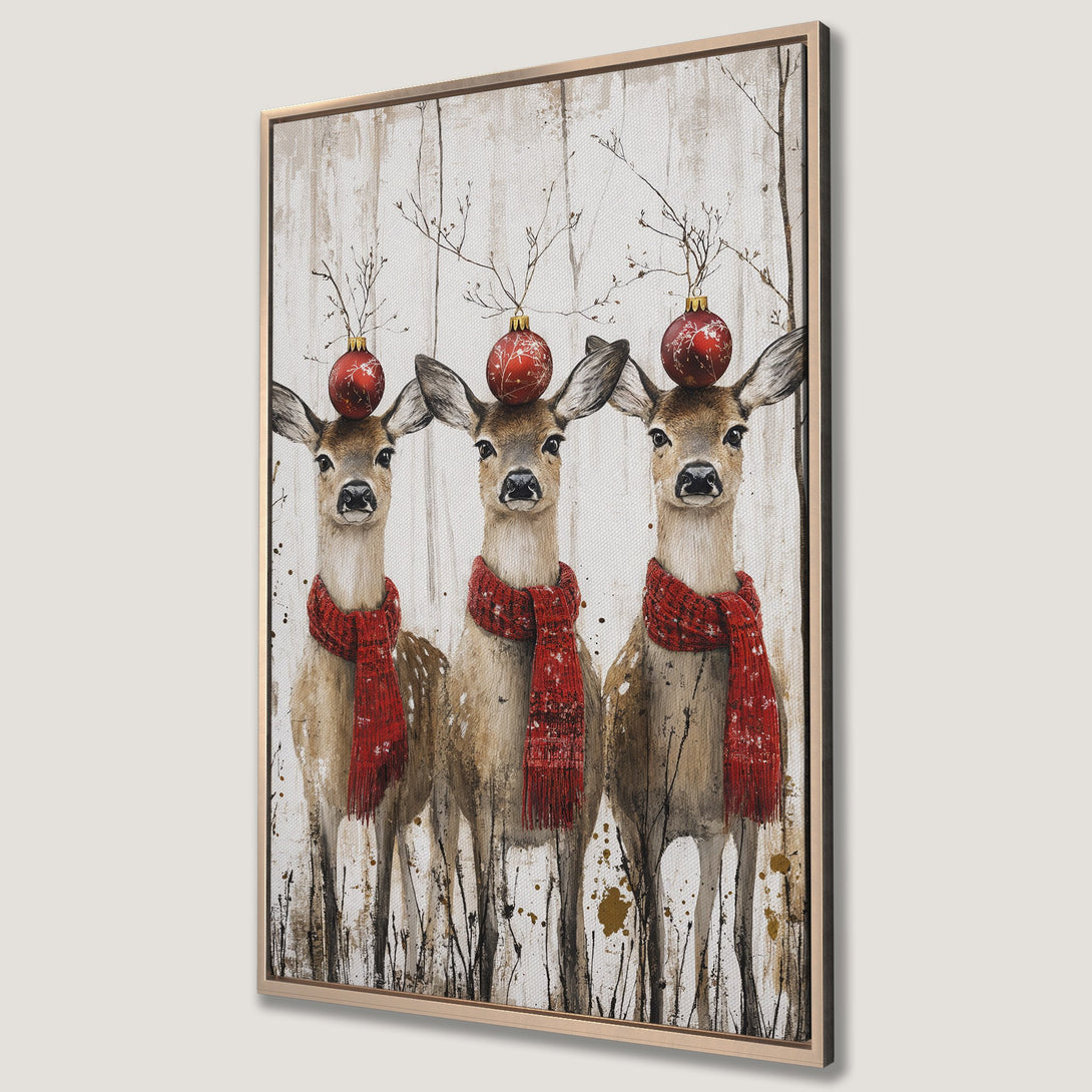 Framed Wall Art: Festive watercolor painting of three deer with red scarves and ornaments. Rustic style, neutral and red color palette, perfect for holiday decor.