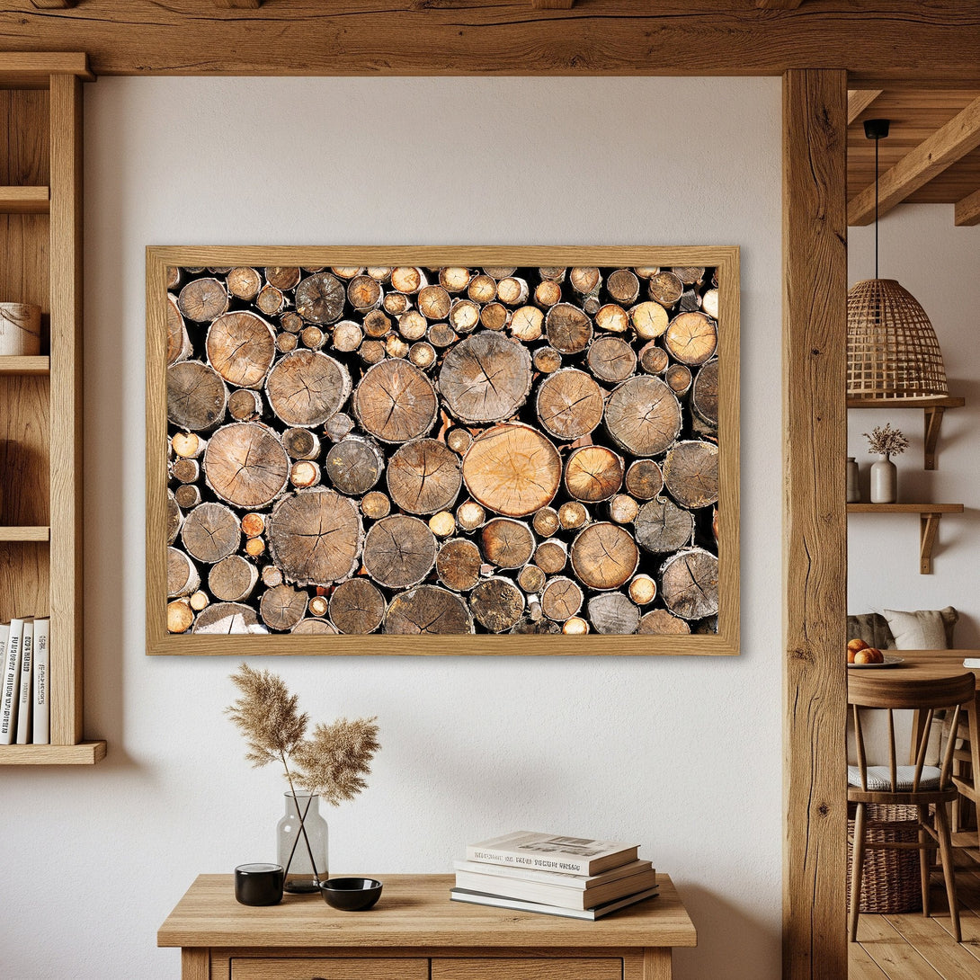 Framed Poster featuring a wood log pile. Rustic style, warm brown and natural tones. Perfect wall art for your home.