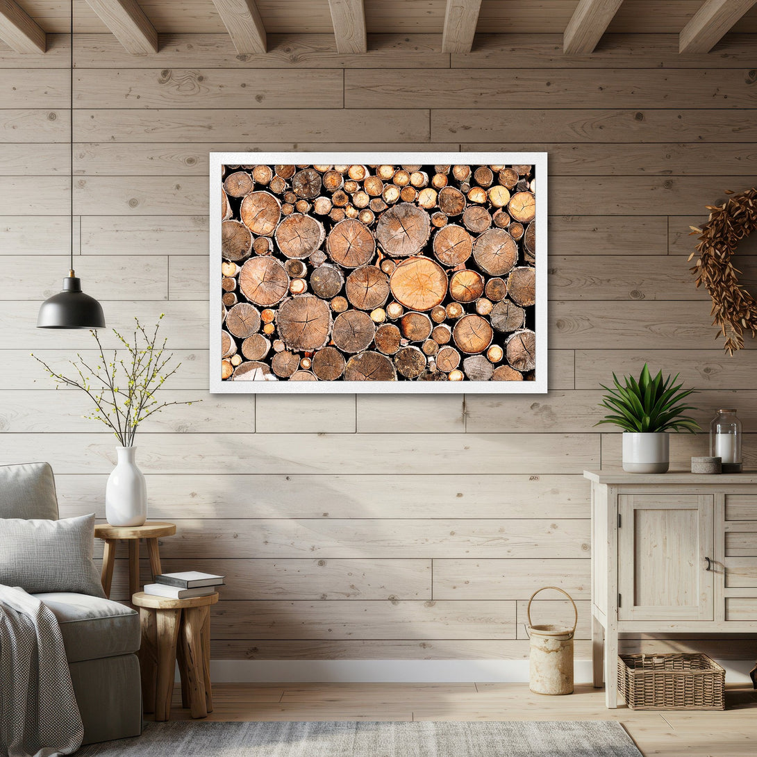 Framed Poster featuring a wood log pile. Rustic style with warm brown and beige tones. Perfect wall art for a cozy home.