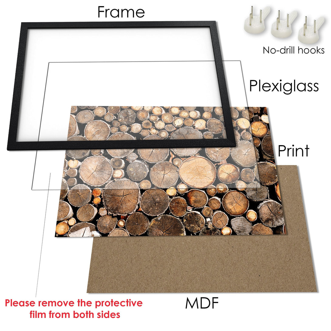 Framed Poster featuring a wood log design. Rustic style with warm brown and natural tones. Perfect wall art for your home.