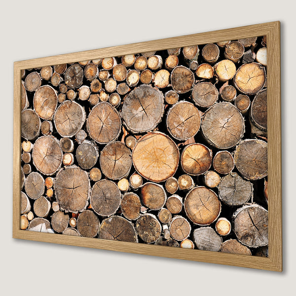 Framed Poster featuring a rustic wood pile. Earthy tones of brown and beige create a warm, natural aesthetic. Perfect for home decor.