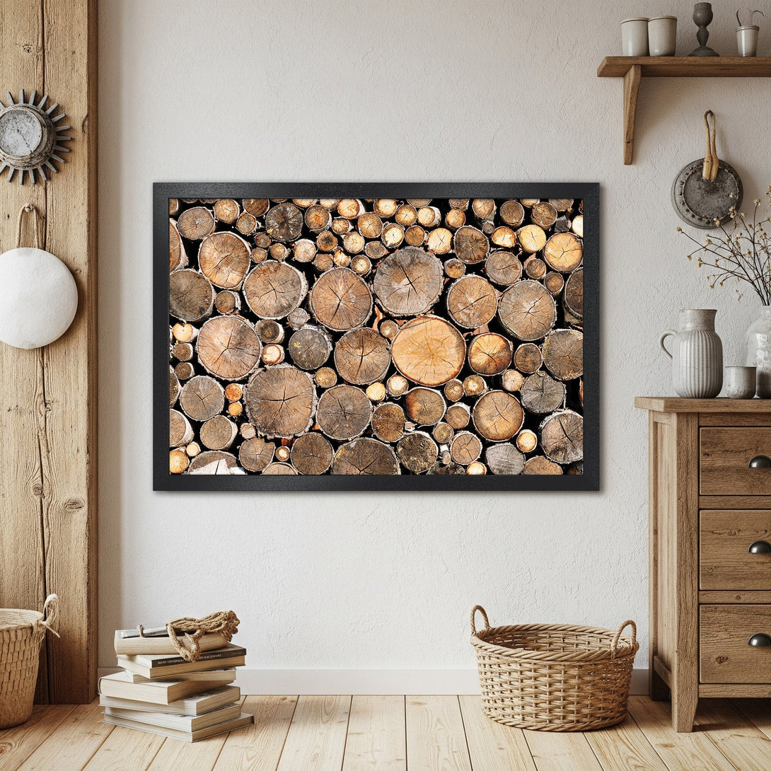 Framed Poster featuring a rustic wood log pile, warm earthy tones, and a cozy farmhouse style. Perfect wall art!