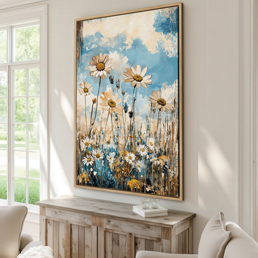 Framed Wall Art featuring watercolor daisies against a blue sky. Modern floral art with a neutral and blue color palette, perfect for home decor.