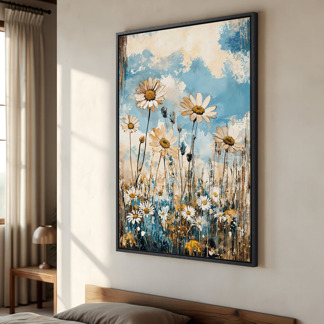 Framed Wall Art featuring a daisy field painting in blue, beige, and brown tones. Perfect floral art for bedroom decor.