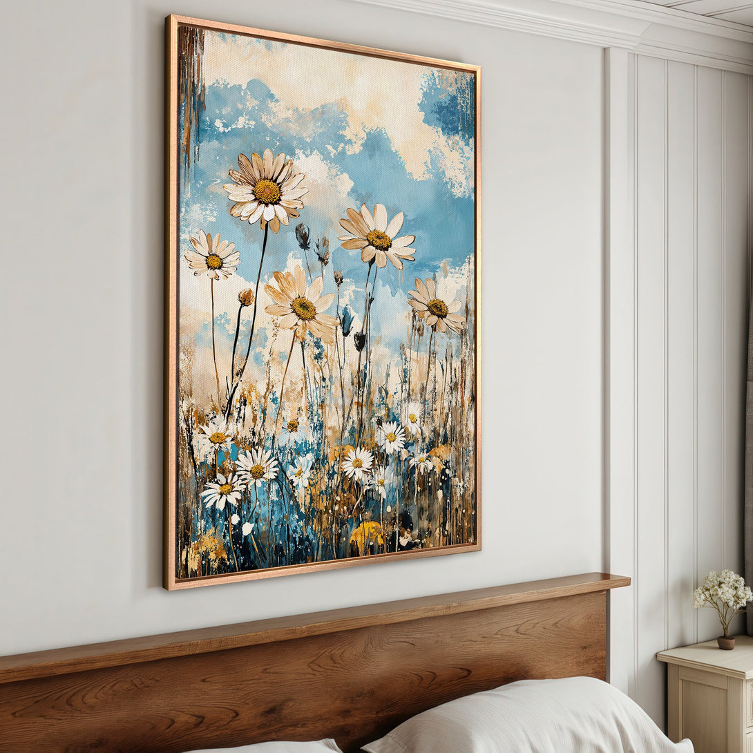 Framed Wall Art: Abstract daisy field painting with blue, beige, and gold tones. Perfect for adding a touch of nature to your bedroom decor.