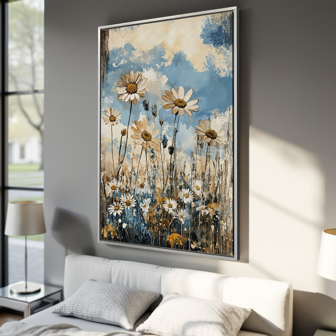 Framed Wall Art featuring a daisy field painting in a blue, beige, and brown color palette. Perfect for adding a touch of nature to your home decor.