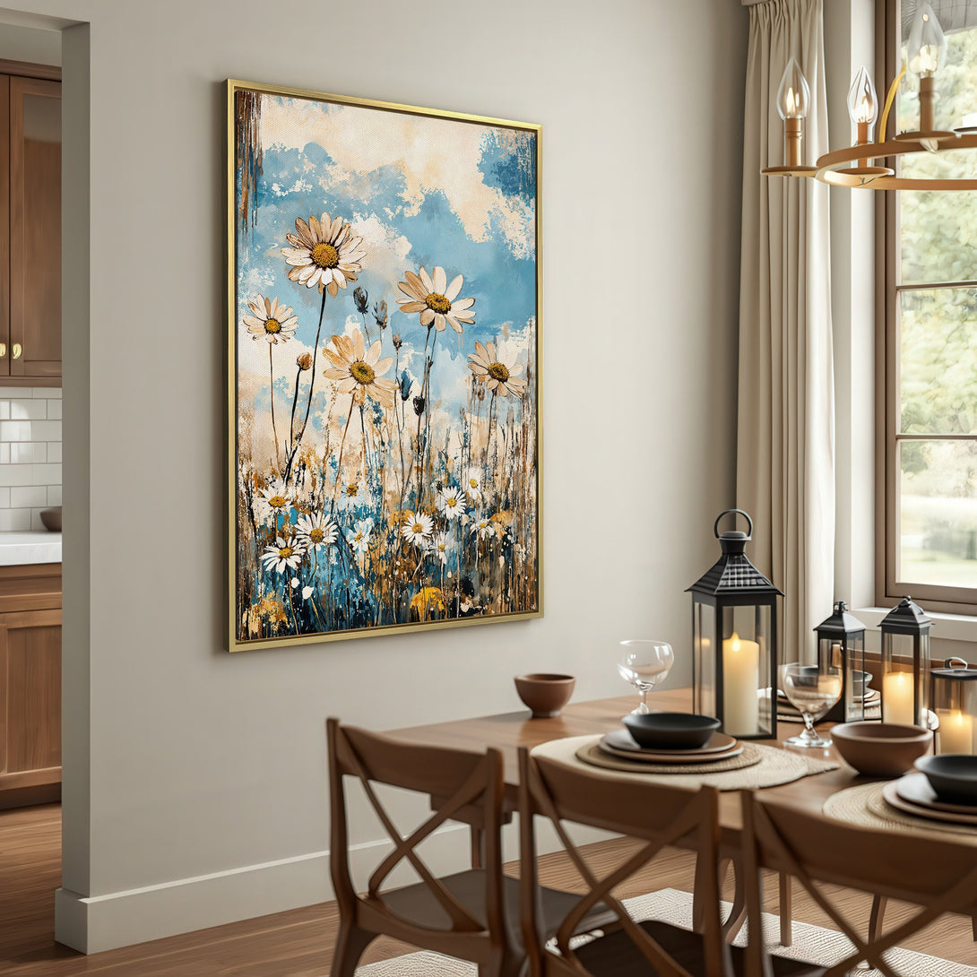 Canvas Print featuring a beautiful daisy field in a soft, painterly style with blue, beige, and brown hues. Perfect for rustic decor.