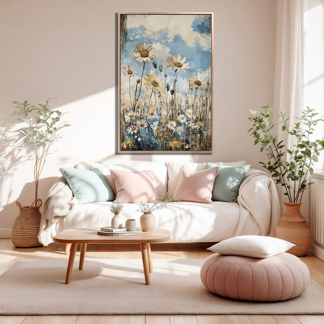 Framed Wall Art featuring daisy field painting in a modern, watercolor style. Soft blue, beige, and white color palette. Perfect for living room decor.